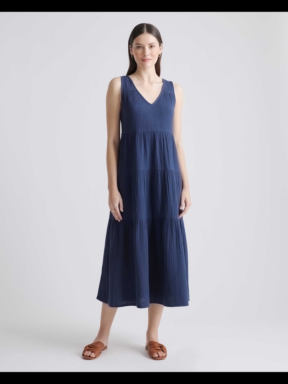 Quince Gauze Tiered Maxi Dress Indigo Blue Organic Cotton Size M